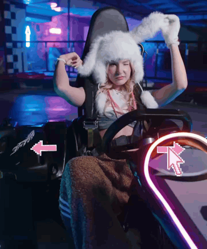 Woman in Bunny Hat in Go Kart with Arrows