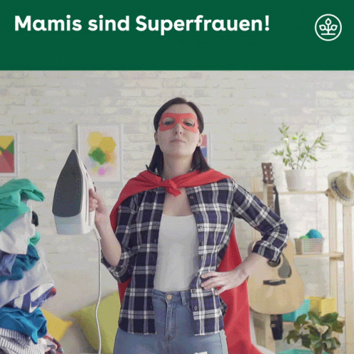 Woman In Cape And Mask Ironing Mamis Sind Superfrauen GIF