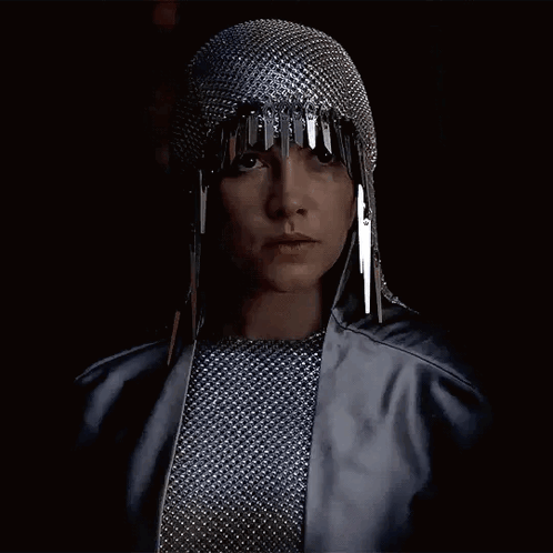Woman in Chain Mail Helmet and Silver Jacket