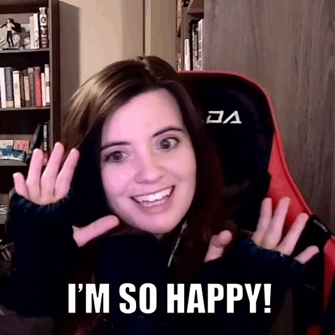 Woman in Chair Saying I'm So Happy