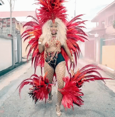 Woman In Colorful Feathered Costume Walking GIF