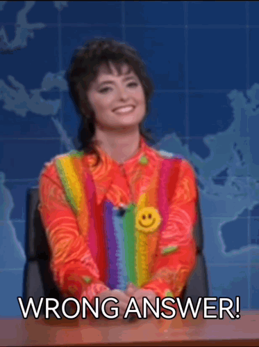 Woman in Colorful Sweater at Desk with Wrong Answer