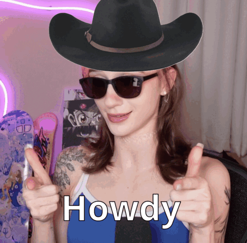 Woman in Cowboy Hat and Sunglasses Thumbs Up Howdy