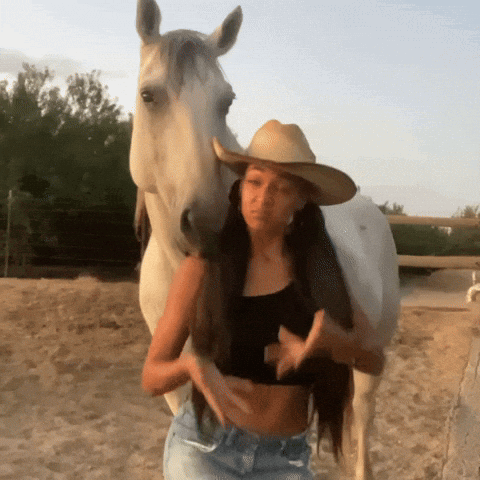 Woman In Cowboy Hat Next To White Horse GIF