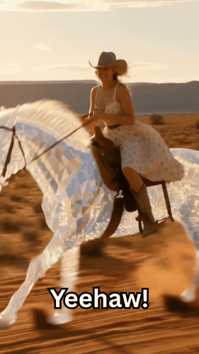 Woman in Cowboy Hat Riding Horse Saying Yeehaw