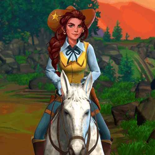 Woman in Cowboy Hat Riding White Horse