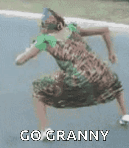 Woman in Dress Squatting with Go Granny