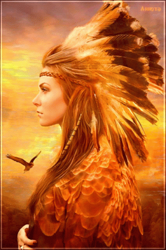 Woman In Feathered Headdress With Bird GIF