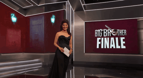 Woman In Front Of Big Brother Finale Banner GIF