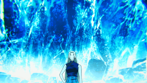 Woman In Front Of Blue Waterfall GIF