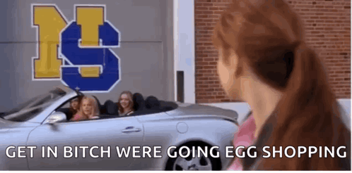 Woman In Front Of Car Saying Get In Bitch We're Going Egg Shopping GIF