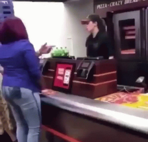 Woman In Front Of Pizza Crazy Sign GIF