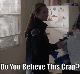 Woman in Front of Refrigerator Saying Do You Believe This Crap
