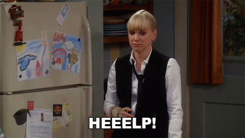 Woman in Front of Refrigerator Saying Heeelp