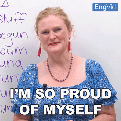 Woman In Front Of Whiteboard Saying I'm So Proud Of Myself GIF