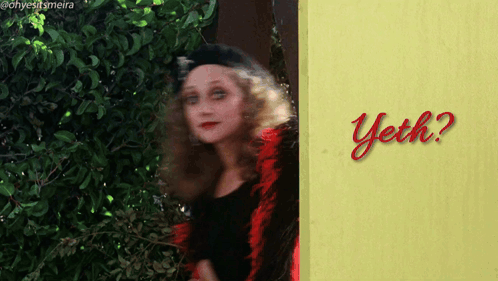 Woman in Front of Yellow Sign Saying Yech