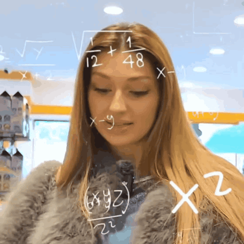 Woman in Fur Coat Looking at Math Chalkboard