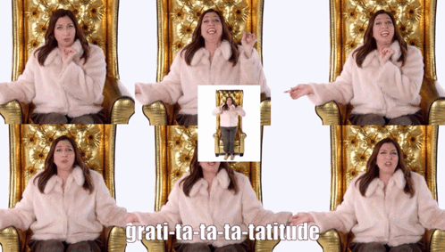 Woman in Fur Coat Sitting in Gold Chair Saying Grati-La-Ta-Ta-Latitude