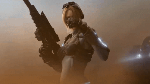 Woman in Futuristic Outfit Holding Rifle