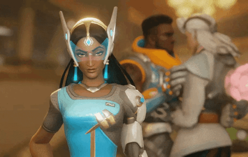 Woman in Futuristic Outfit With Badge Saying A