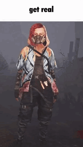 Woman in Gas Mask and Hoodie Saying Get Real