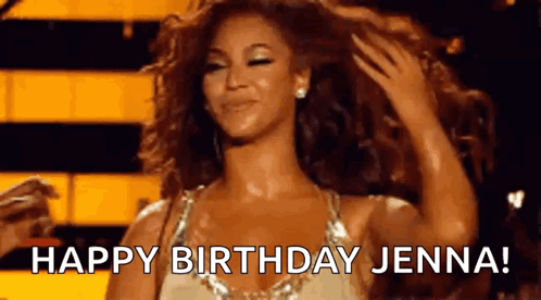 Woman in Gold Dress Holding Hair Says Happy Birthday Jenna