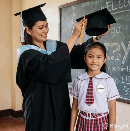 Woman in Graduation Cap and Gown Putting Hat on Girl