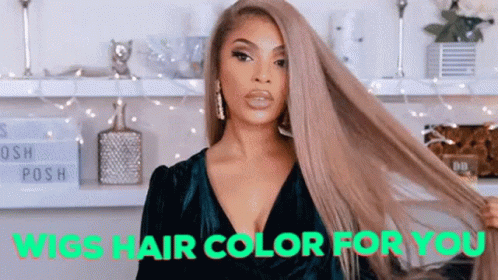 Woman In Green Dress At Sign Wigs Hair Color For You GIF