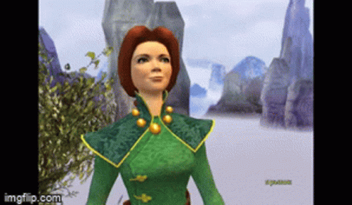 Woman in Green Dress in Front of Mountains Video Game