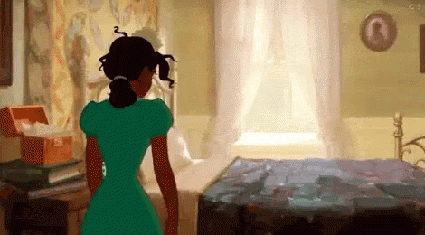 Woman In Green Dress Standing Next To Bed GIF