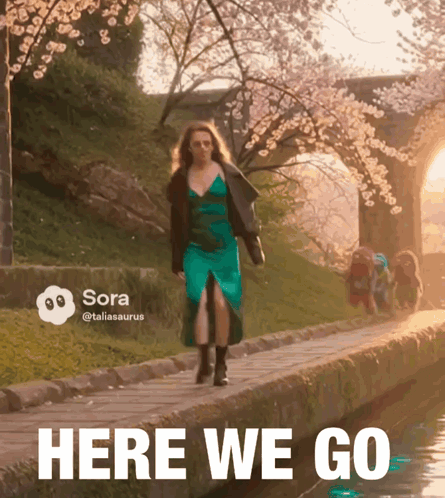 Woman In Green Dress Walking Path Here We Go GIF