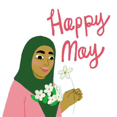 Woman in Green Hijab Holding Flower and Happy May