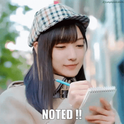 Woman in Hat Writing in Notebook Saying Noted