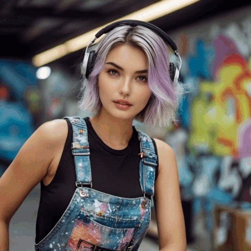 Woman In Headphones And Overalls At Graffiti Wall