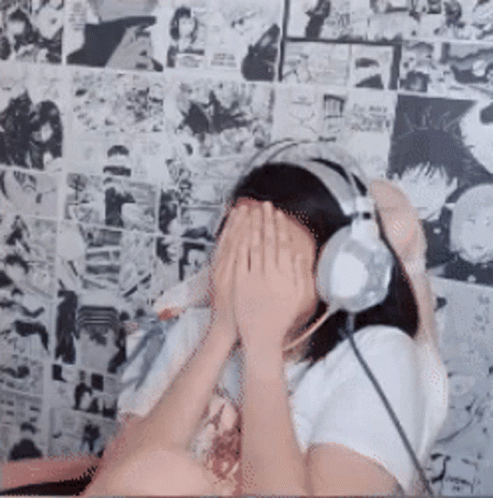 Woman In Headphones Covering Face GIF