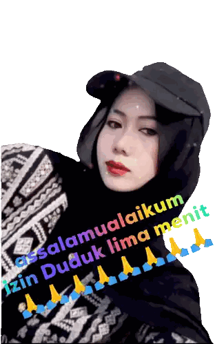 Woman in Hijab and Hat with Assalamualaikum Izin Duduk