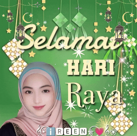 Woman in Hijab on Green with Selamat Hari Raya