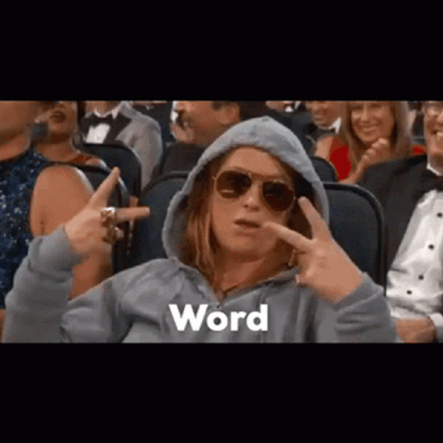 Woman In Hoodie And Sunglasses Pointing At Word GIF
