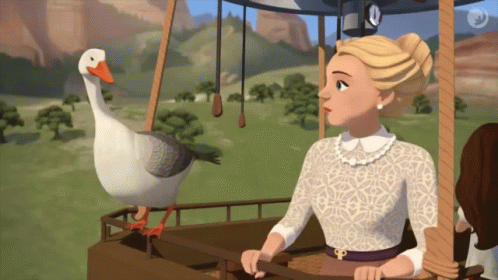 Woman In Hot Air Balloon Looking At Goose GIF