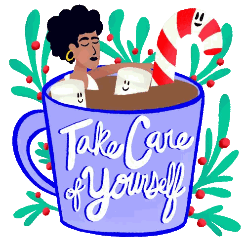 Woman in Hot Chocolate with Marshmallows and Candy Cane Take Care