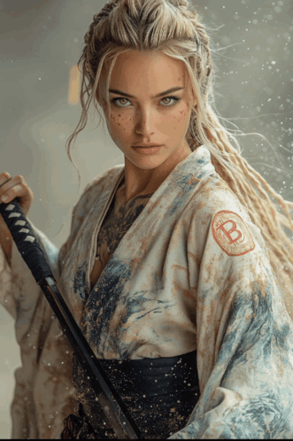 Woman in Kimono With Bitcoin Logo on Sleeve