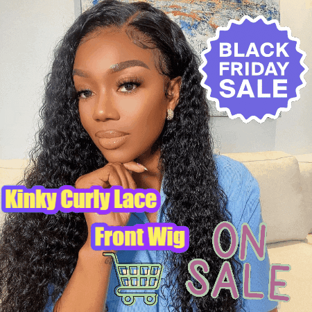 Woman in Kinky Curly Lace Front Wig on Black Friday Sale