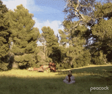 Woman in Lotus Position in Field With Peacock