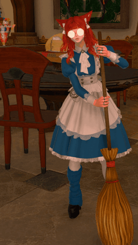 Woman in Maid Costume Holding Broom