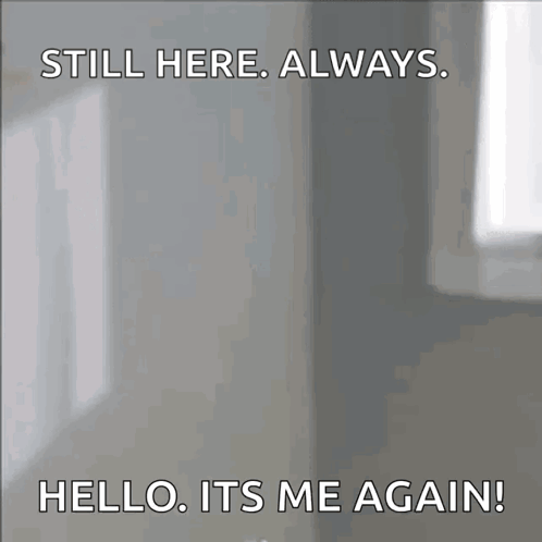 Woman in Mirror Saying Still Here Hello It's Me Again