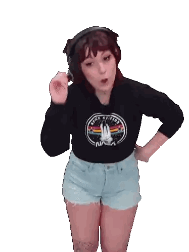 Woman in NASA Shirt Pointing Right