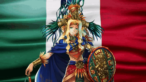 Woman in Native American Costume Holding Shield Flag
