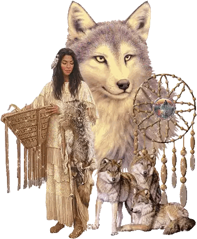 Woman in Native American Outfit Next to Wolf and Dream Catcher