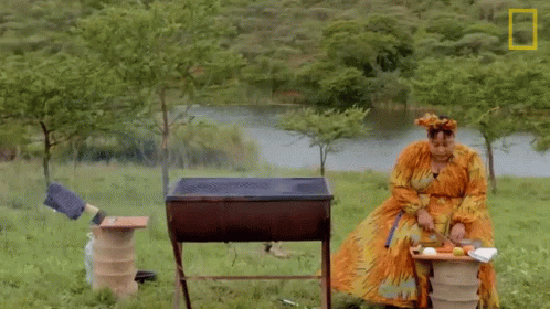 Woman in Orange Dress Sits By Grill in Field