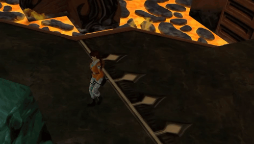 Woman in Orange Jacket Walking on Staircase in Video Game